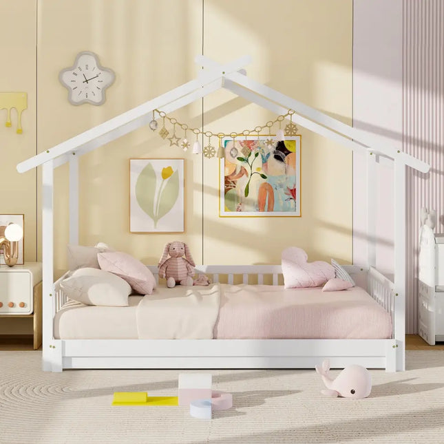 Extendable House Bed Twin to King Daybed with Roof and Fence Rails-White - White - Trundle Bed Frame