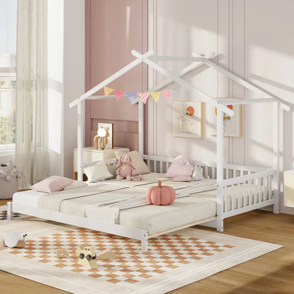 Extendable House Bed Twin to King Daybed with Roof and Fence Rails-White - White - Trundle Bed Frame