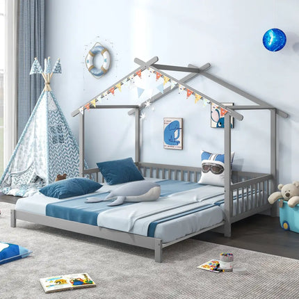 Extendable House Bed Twin to King Daybed with Roof and Fence Rails-Gray - Gray - Trundle Bed Frame