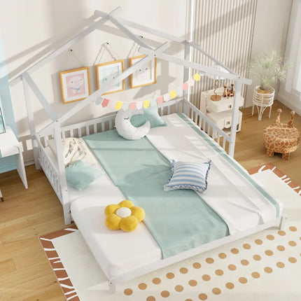 Extendable House Bed Twin to King Daybed with Roof and Fence Rails-White - White - Trundle Bed Frame