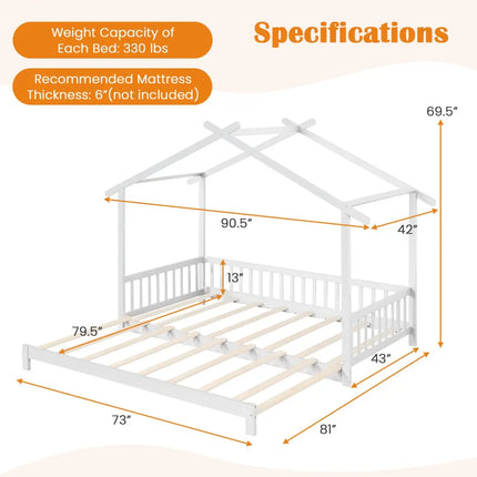 Extendable House Bed Twin to King Daybed with Roof and Fence Rails-White - White - Trundle Bed Frame