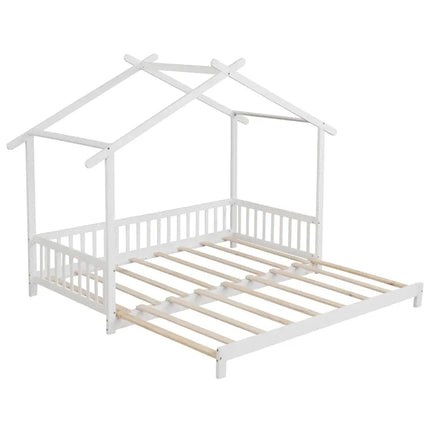 Extendable House Bed Twin to King Daybed with Roof and Fence Rails-White - White - Trundle Bed Frame