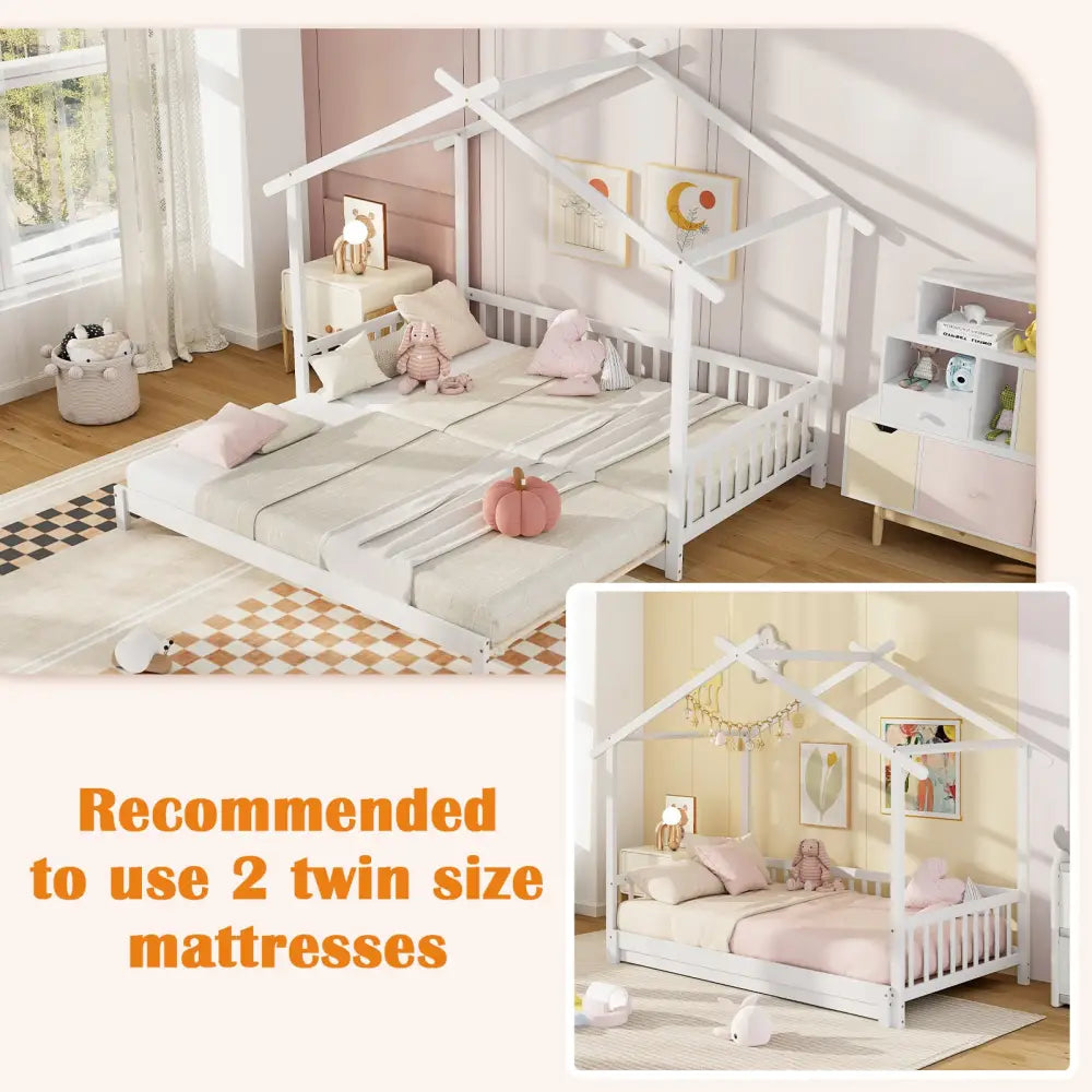 Extendable House Bed Twin to King Daybed with Roof and Fence Rails-White - White - Trundle Bed Frame