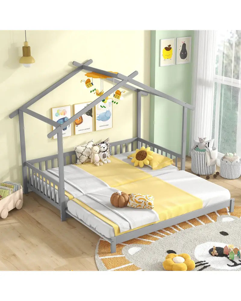 Extendable House Bed Twin to King Daybed with Roof and Fence Rails-Gray - Gray - Trundle Bed Frame