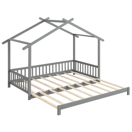Extendable House Bed Twin to King Daybed with Roof and Fence Rails-Gray - Gray - Trundle Bed Frame