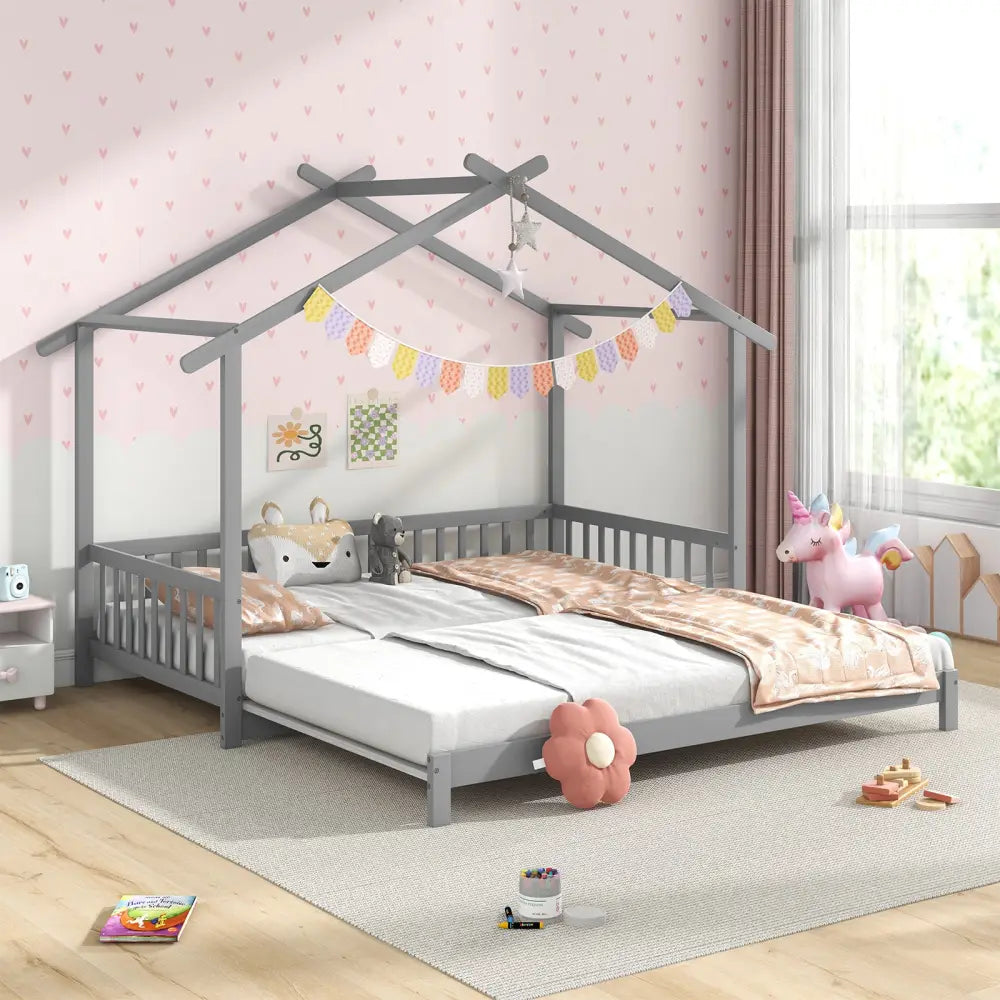 Extendable House Bed Twin to King Daybed with Roof and Fence Rails-Gray - Gray - Trundle Bed Frame