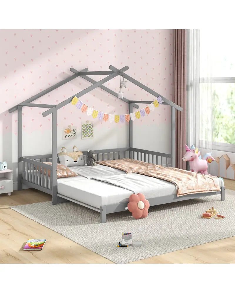 Extendable House Bed Twin to King Daybed with Roof and Fence Rails-Gray - Gray - Trundle Bed Frame
