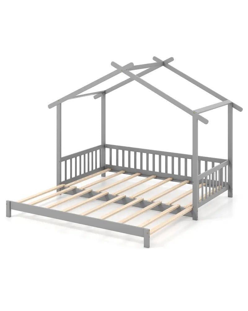 Extendable House Bed Twin to King Daybed with Roof and Fence Rails-Gray - Gray - Trundle Bed Frame