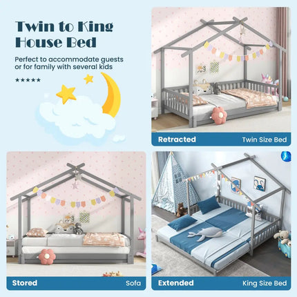 Extendable House Bed Twin to King Daybed with Roof and Fence Rails-Gray - Gray - Trundle Bed Frame