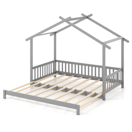 Extendable House Bed Twin to King Daybed with Roof and Fence Rails-Gray - Gray - Trundle Bed Frame