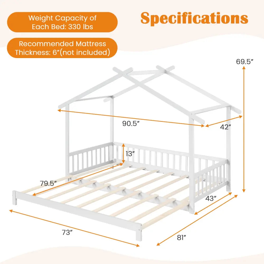 Extendable House Bed Twin to King Daybed with Roof and Fence Rails-White - White - Trundle Bed Frame
