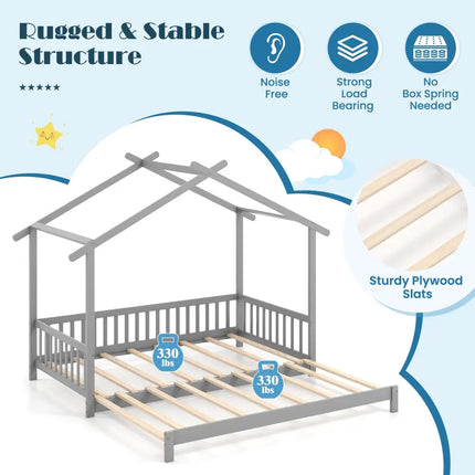 Extendable House Bed Twin to King Daybed with Roof and Fence Rails-Gray - Gray - Trundle Bed Frame