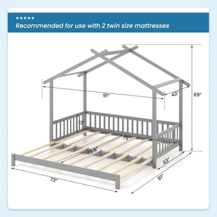 Extendable House Bed Twin to King Daybed with Roof and Fence Rails-Gray - Gray - Trundle Bed Frame