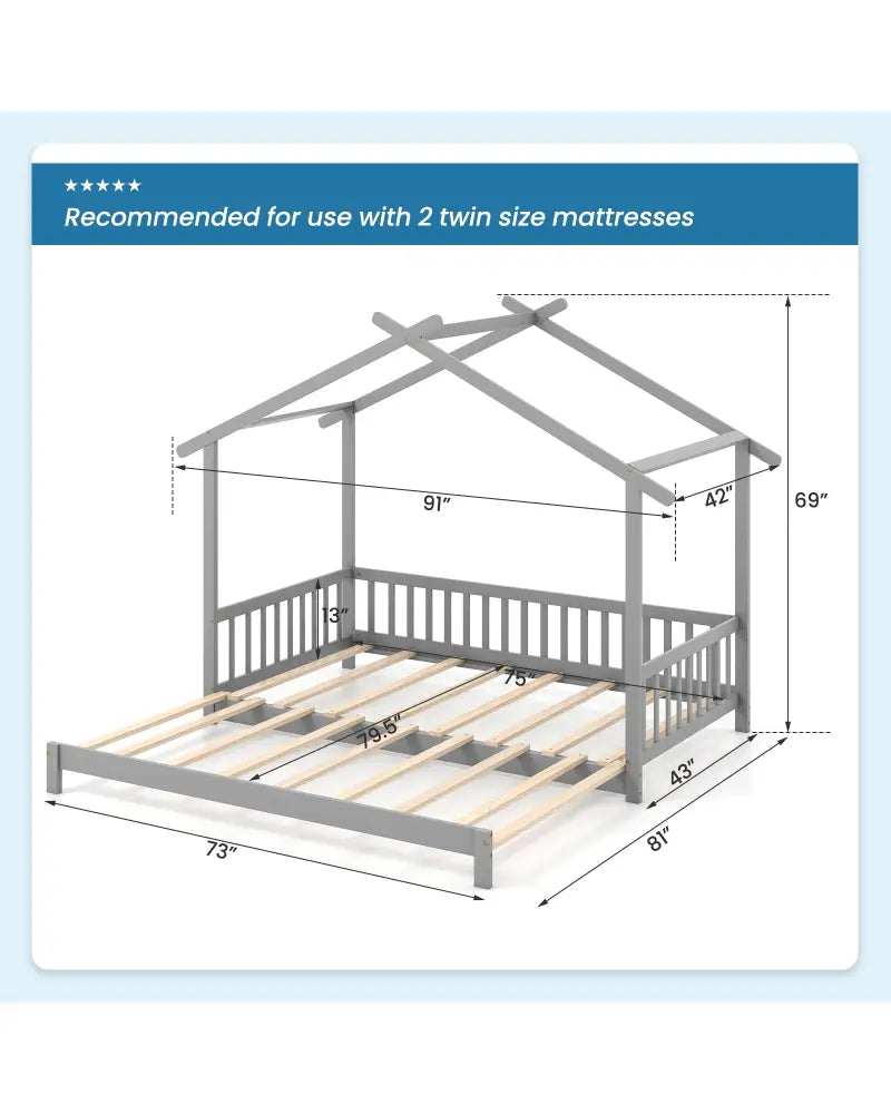 Extendable House Bed Twin to King Daybed with Roof and Fence Rails-Gray - Gray - Trundle Bed Frame