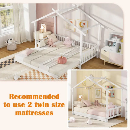 Extendable House Bed Twin to King Daybed with Roof and Fence Rails-White - White - Trundle Bed Frame