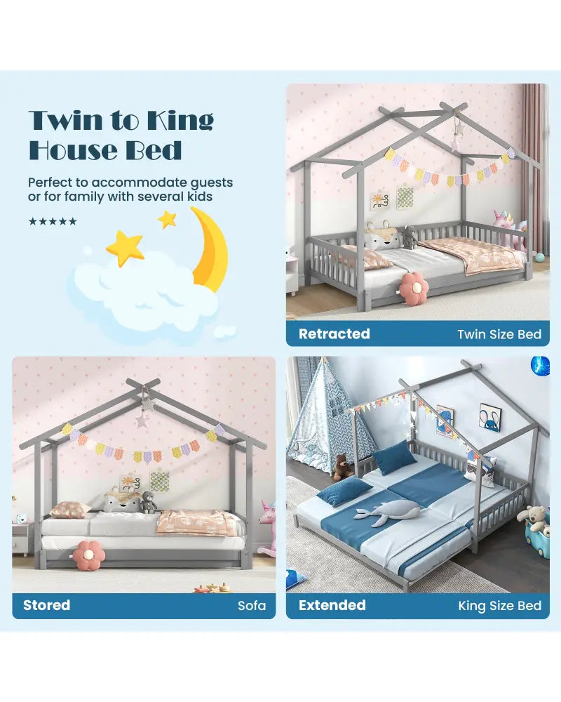 Extendable House Bed Twin to King Daybed with Roof and Fence Rails-Gray - Gray - Trundle Bed Frame