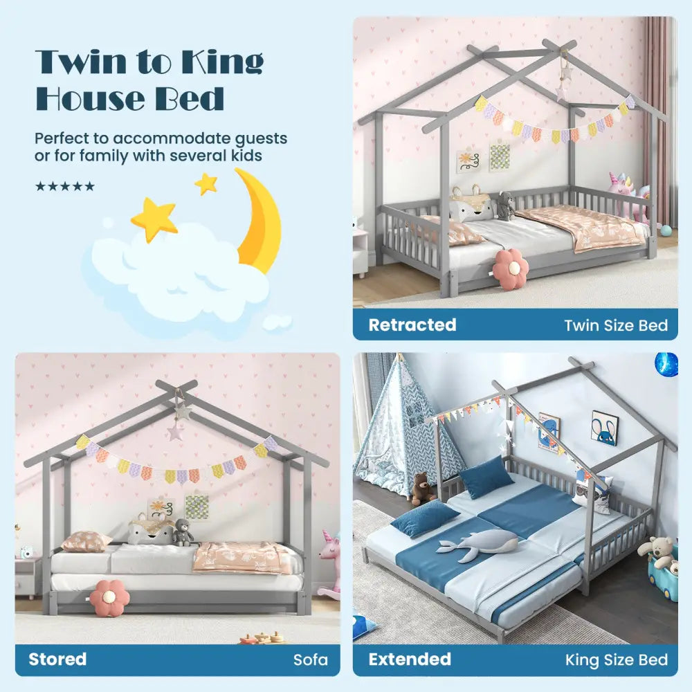 Extendable House Bed Twin to King Daybed with Roof and Fence Rails-Gray - Gray - Trundle Bed Frame