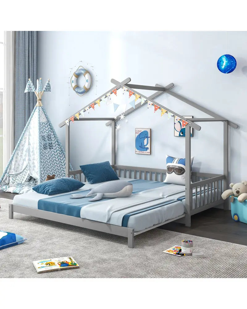Extendable House Bed Twin to King Daybed with Roof and Fence Rails-Gray - Gray - Trundle Bed Frame