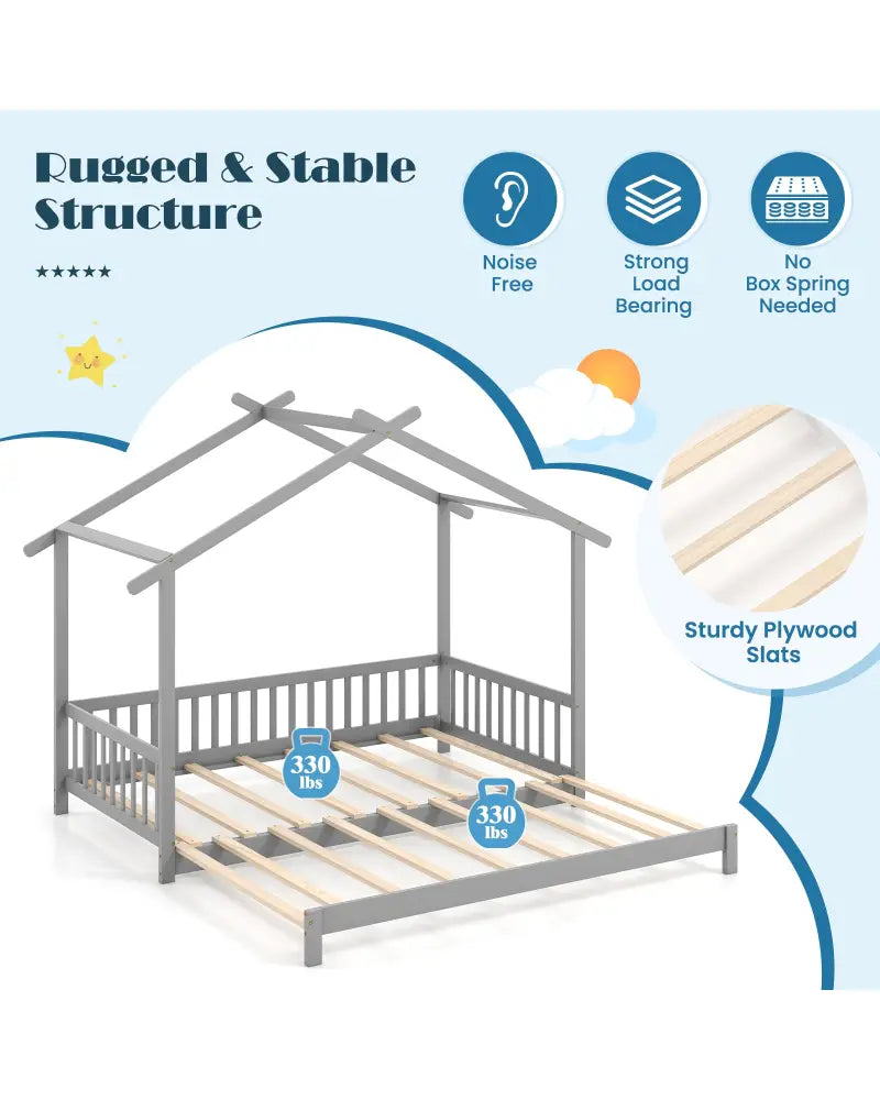 Extendable House Bed Twin to King Daybed with Roof and Fence Rails-Gray - Gray - Trundle Bed Frame