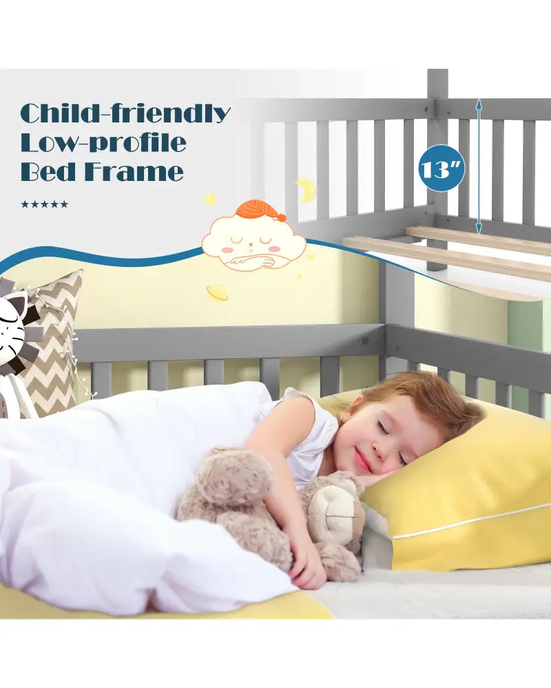 Extendable House Bed Twin to King Daybed with Roof and Fence Rails-Gray - Gray - Trundle Bed Frame