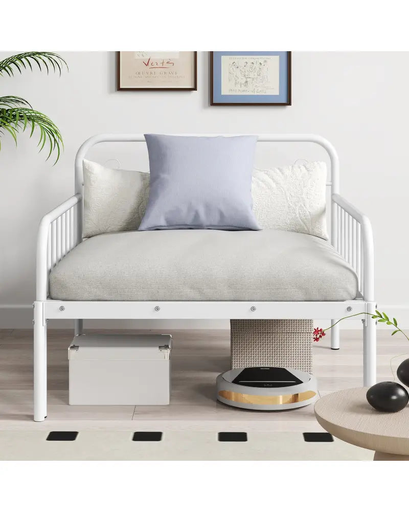 Extendable Metal Daybed to Twin Size Bed with Guardrails and Armrests-White - White - Trundle Bed Frame