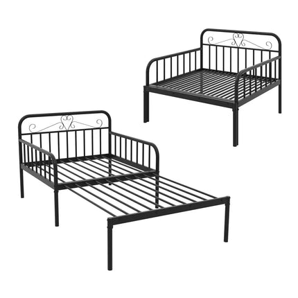 Extendable Metal Daybed to Twin Size Bed with Guardrails and Armrests-Black - Black - Trundle Bed Frame