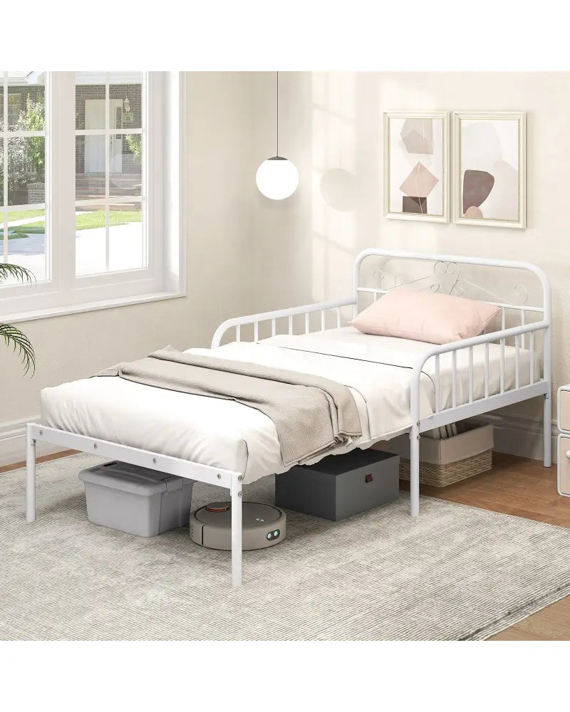 Extendable Metal Daybed to Twin Size Bed with Guardrails and Armrests-White - White - Trundle Bed Frame