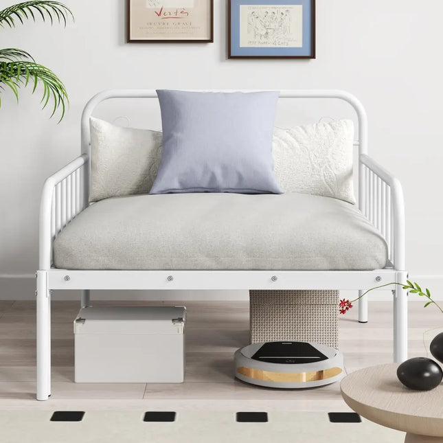 Extendable Metal Daybed to Twin Size Bed with Guardrails and Armrests-White - White - Trundle Bed Frame