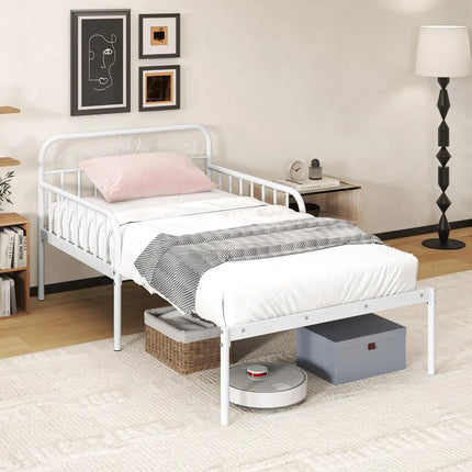 Extendable Metal Daybed to Twin Size Bed with Guardrails and Armrests-White - White - Trundle Bed Frame