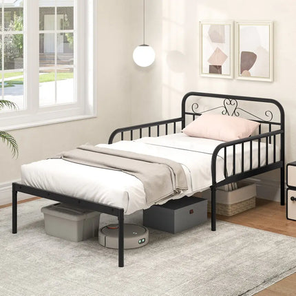 Extendable Metal Daybed to Twin Size Bed with Guardrails and Armrests-Black - Black - Trundle Bed Frame