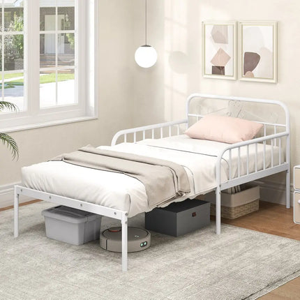 Extendable Metal Daybed to Twin Size Bed with Guardrails and Armrests-White - White - Trundle Bed Frame