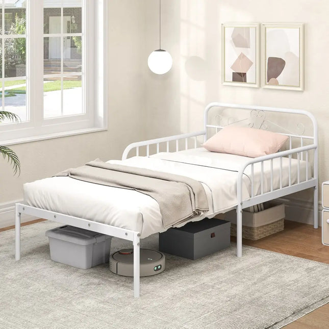 Extendable Metal Daybed to Twin Size Bed with Guardrails and Armrests-White - White - Trundle Bed Frame