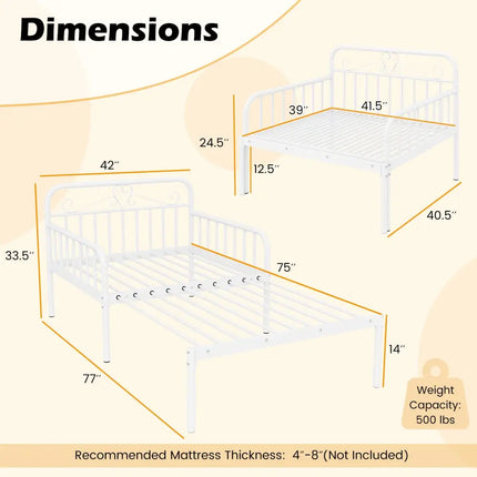 Extendable Metal Daybed to Twin Size Bed with Guardrails and Armrests-White - White - Trundle Bed Frame