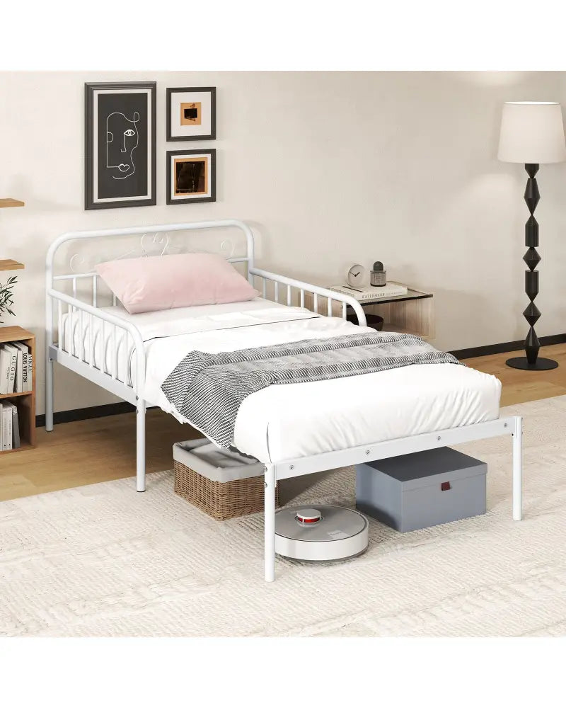 Extendable Metal Daybed to Twin Size Bed with Guardrails and Armrests-White - White - Trundle Bed Frame