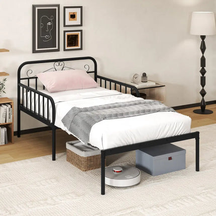 Extendable Metal Daybed to Twin Size Bed with Guardrails and Armrests-Black - Black - Trundle Bed Frame