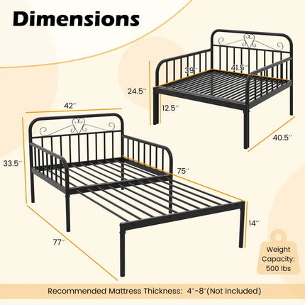Extendable Metal Daybed to Twin Size Bed with Guardrails and Armrests-Black - Black - Trundle Bed Frame