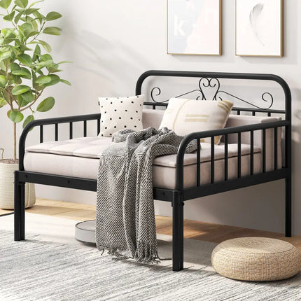 Extendable Metal Daybed to Twin Size Bed with Guardrails and Armrests-Black - Black - Trundle Bed Frame