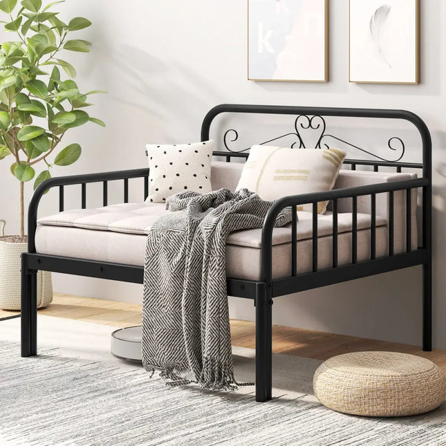 Extendable Metal Daybed to Twin Size Bed with Guardrails and Armrests-Black - Black - Trundle Bed Frame