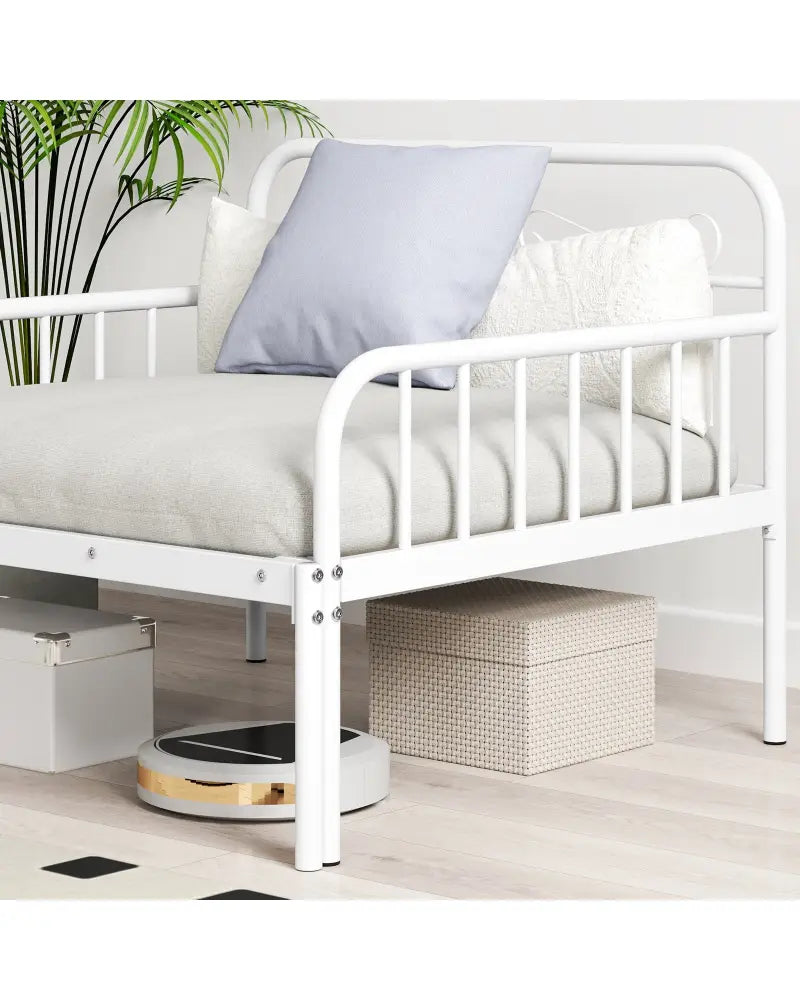 Extendable Metal Daybed to Twin Size Bed with Guardrails and Armrests-White - White - Trundle Bed Frame