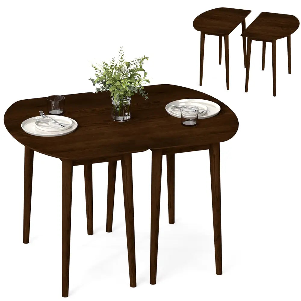 Extendable Oval Dining Table Set with 2 Half-Round Tables for 4-6 People-Walnut - Walnut - Dining Tables