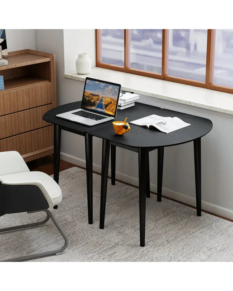 Extendable Oval Dining Table Set with 2 Half-Round Tables for 4-6 People-Black - Black - Dining Tables