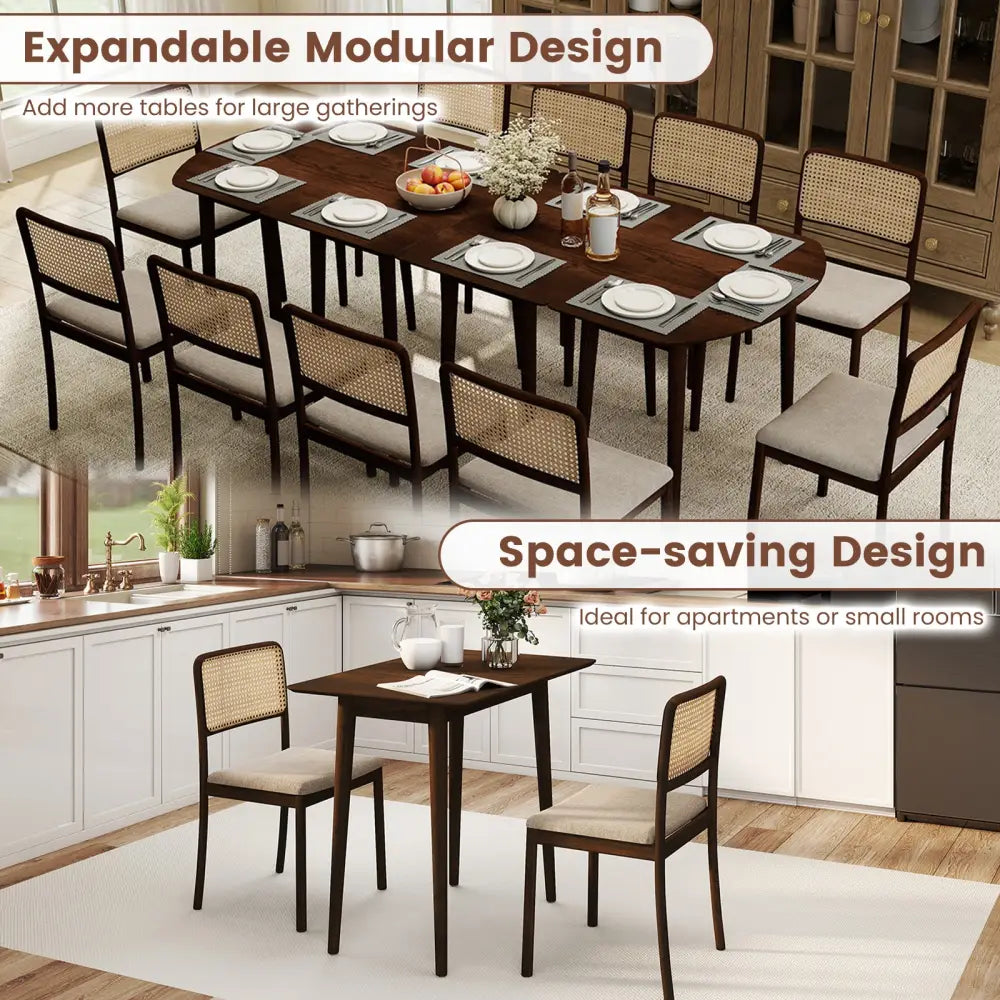 Extendable Oval Dining Table Set with 2 Half-Round Tables for 4-6 People-Walnut - Walnut - Dining Tables