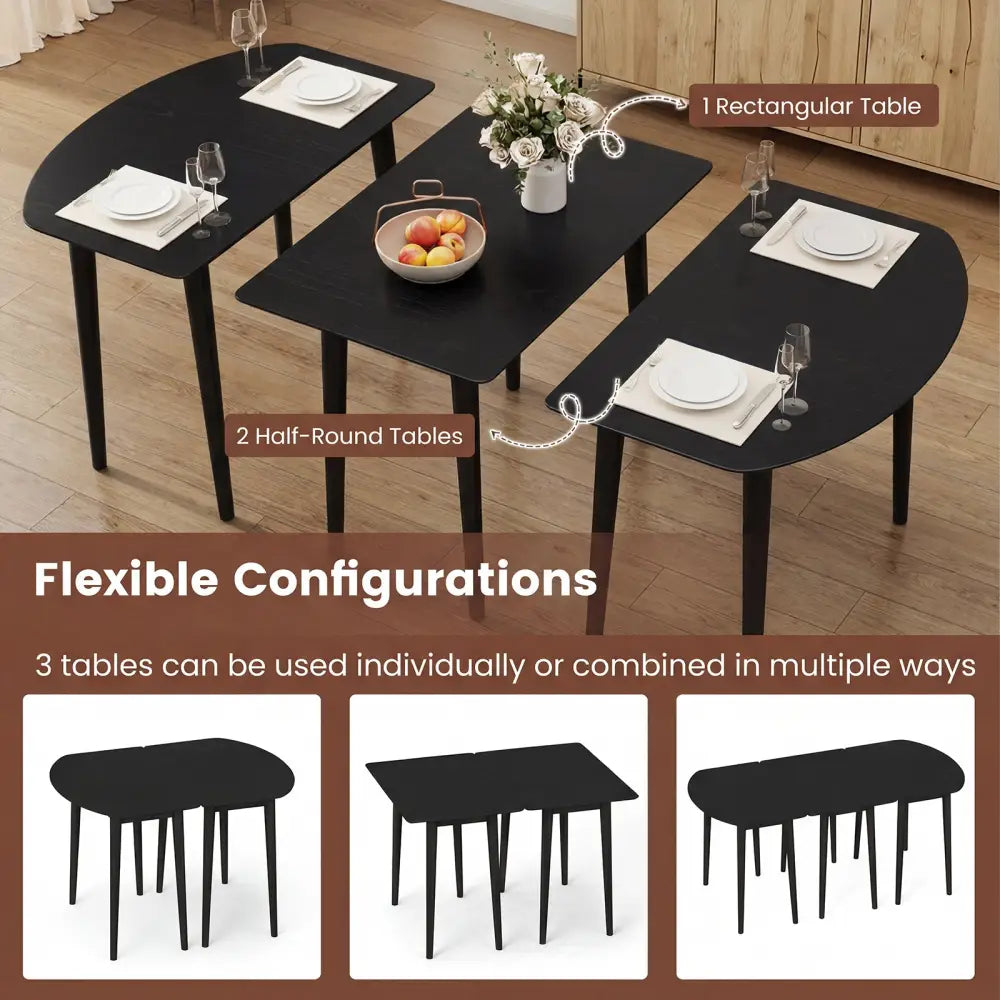 Extendable Oval Dining Table Set with 2 Half-Round Tables for 4-6 People-Black - Black - Dining Tables