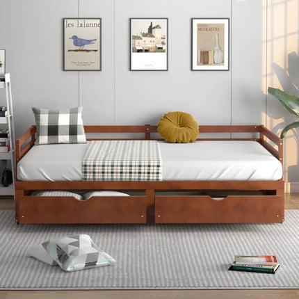 Extendable Twin to King Daybed with Trundle and 2 Storage Drawers-Brown - Brown - Trundle Bed Frame