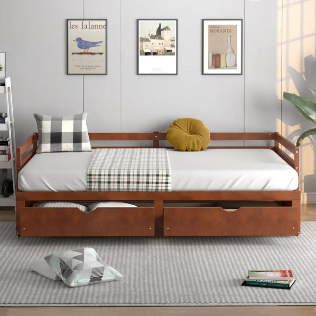 Extendable Twin to King Daybed with Trundle and 2 Storage Drawers-Brown - Brown - Trundle Bed Frame