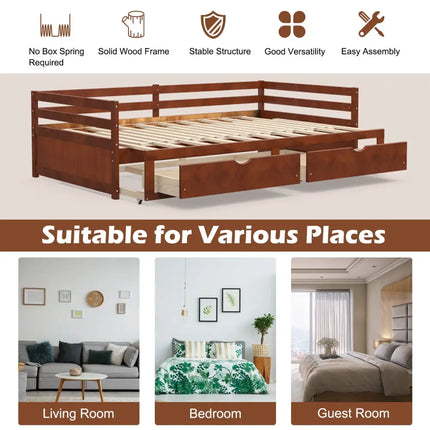 Extendable Twin to King Daybed with Trundle and 2 Storage Drawers-Brown - Brown - Trundle Bed Frame