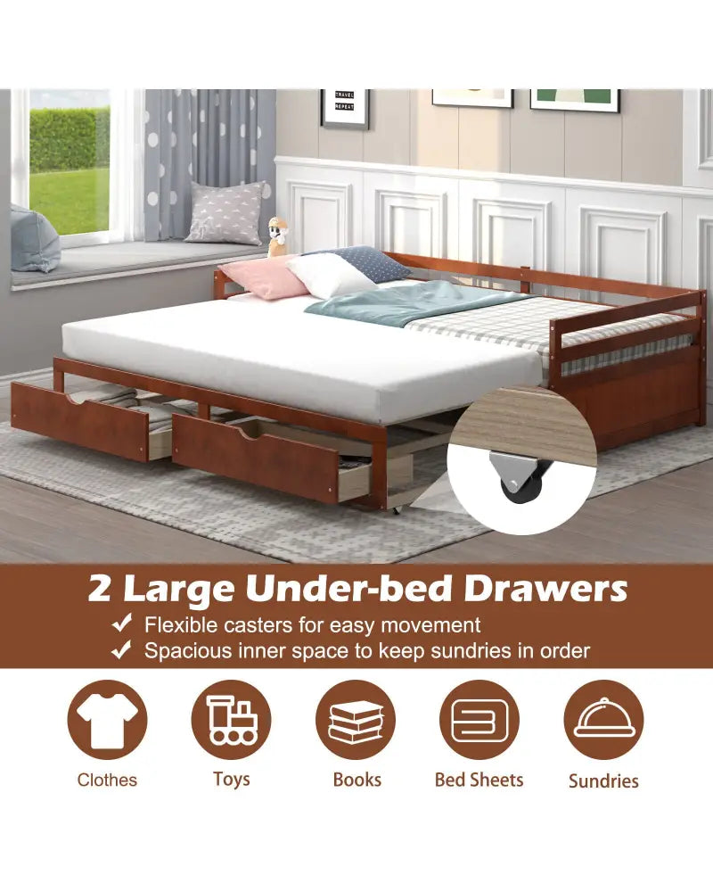Extendable Twin to King Daybed with Trundle and 2 Storage Drawers-Brown - Brown - Trundle Bed Frame