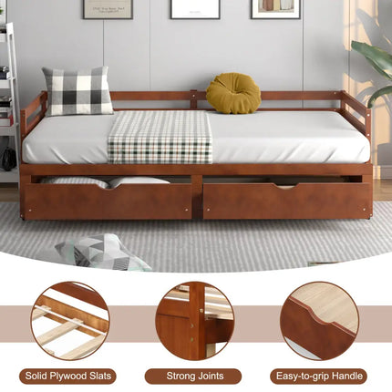 Extendable Twin to King Daybed with Trundle and 2 Storage Drawers-Brown - Brown - Trundle Bed Frame
