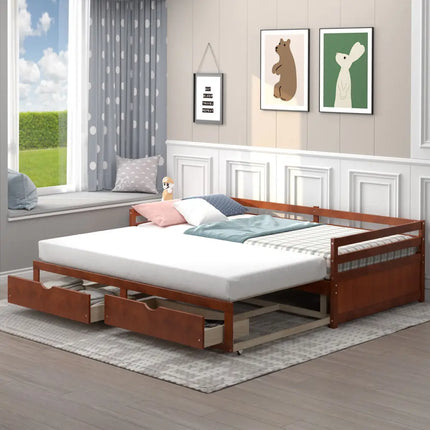 Extendable Twin to King Daybed with Trundle and 2 Storage Drawers-Brown - Brown - Trundle Bed Frame