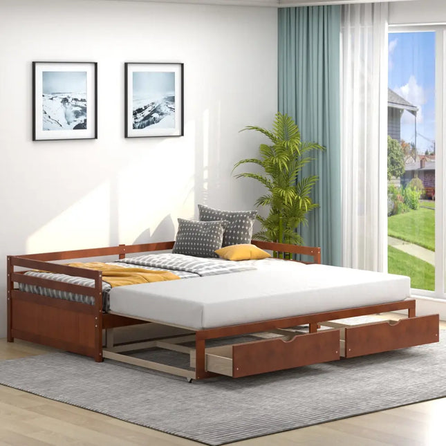 Extendable Twin to King Daybed with Trundle and 2 Storage Drawers-Brown - Brown - Trundle Bed Frame